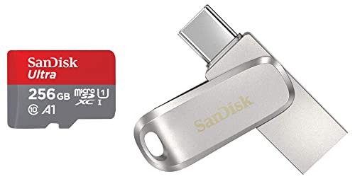Image of SanDisk Ultra microSD UHS-I Card 256GB, 120MB /s R & 64GB Ultra Dual Drive Luxe Type USB C Flash Drive (5Y - SDDDC4-064G-I35, Silver)