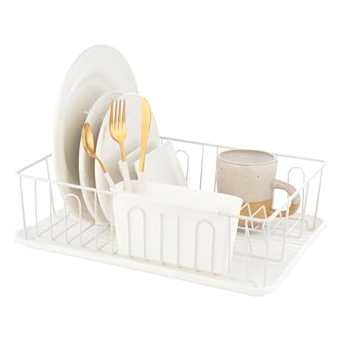Dish Drying Rack – With Detachable Drain Board & Cutlery Holder (12.5" x 17.3") – Plate, Cutlery, Pots, and Pans Drying Rack – Space Saving, Sleek, & Modern Dish Drainer for Kitchen Counter, White Cover