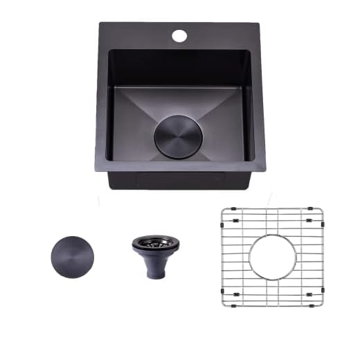 VAPSINT 15x15 Modern Commercial Topmount Drop in Black Bar Sink,Single Bowl Bar Rv Kitchen Sink with Stainless Steel Grid&Strainer