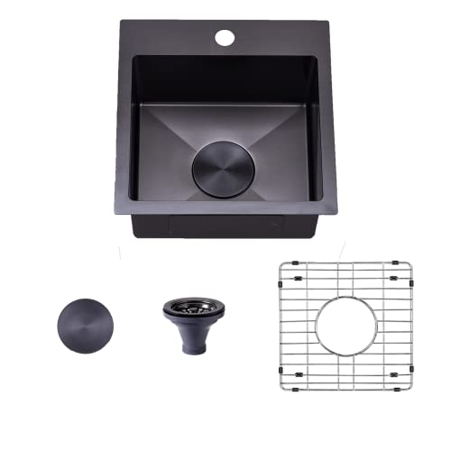 VAPSINT 15x15 Modern Commercial Topmount Drop in Black Bar Sink,Single Bowl Bar Rv Kitchen Sink with Stainless Steel Grid&Strainer