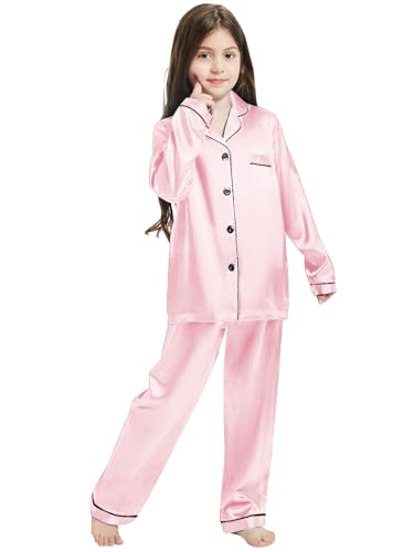 Image of Schbbbta Girls & Women Satin Pajamas Set, 2Piece Silk Nightwear Button-Down Sleepwear for Teen Kids, 3 Years - Women XXL