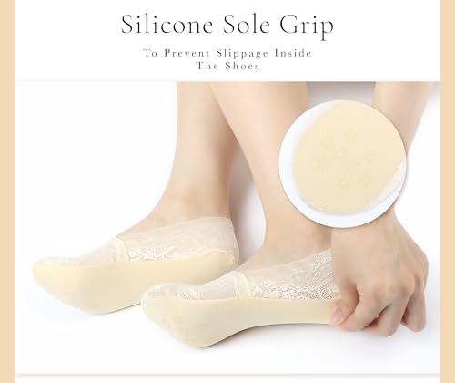 Panda Bros Women No Show Socks, Lace Socks Non Slip Invisible Socks for Women, Low Cut Womens Socks with Lace Trim, 3 Pairs3