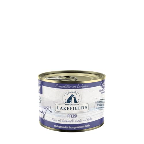 Lakefields Comida para perros de alta calidad húmeda | caballo 60% | 6 x 200 g | Comida húmeda sin cereales para perros | Ingredientes naturales de calidad alimentaria | Batatas, zanahoria y calabaza