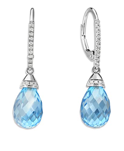14K White Gold Genuine Blue Topaz 8-1/2Ct Drop Dangle Earrings with Diamonds