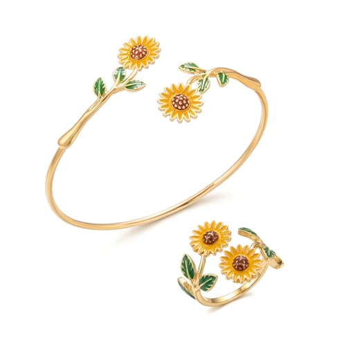 Caiyao 2Pcs Adjustable Sunflower Open Cuff Bangle Bracelets Ring Gold Tone Enamel Daisy Flower Floral Upper Arm Armband Bracelet for Women Boho Summer Inspired Floral Jewelry Gifts-StyleA