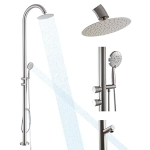 Free Standing Outdoor Shower Stainless Steel, 5-Function Nickel Shower Kit with 10”Rain Shower Head,Outdoor Shower Fixture for Backyard Beach Poolside,Floor Mounted