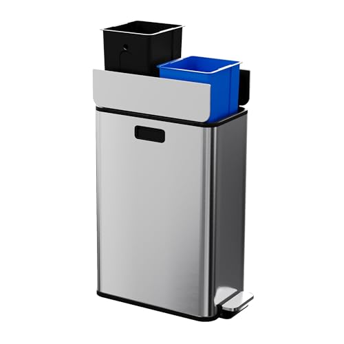 Garvee Kitchen Dual Trash Can, 15 gal Large Recycling Bin Garbage Can with Butterfly Lid, Fingerprint Resistant Stainless Steel Trash Bin for Kitchen, Living Room, Office (2 x 28 L) Silver-2