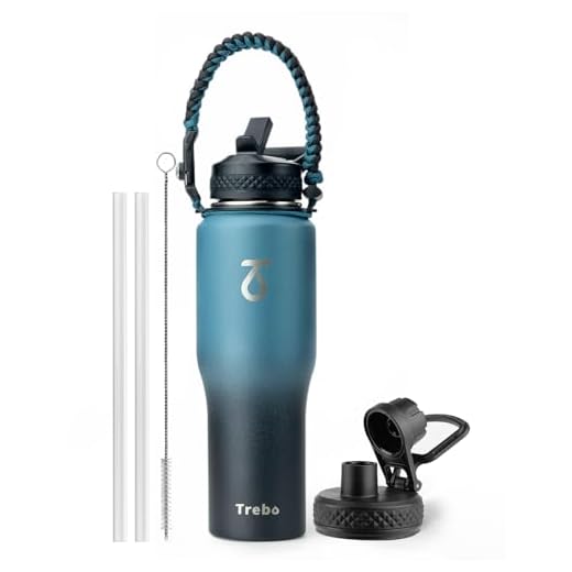 Trebo 32oz Insulated Water Bottle that Fits in Cup Holder, Stainless Steel Double Wall Tumbler Flask Bottles with Paracord Handle, with Straw Spout Lids, Keep Cold for 48 Hrs/Hot 24 Hrs,Indigo/Black