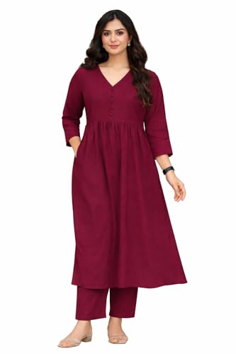 Image of ANILINE Women's V-Neck, Button Front, three-quarter sleeves, Anarkali shape, Empire Waist, Pleated Design Kurta With Pant