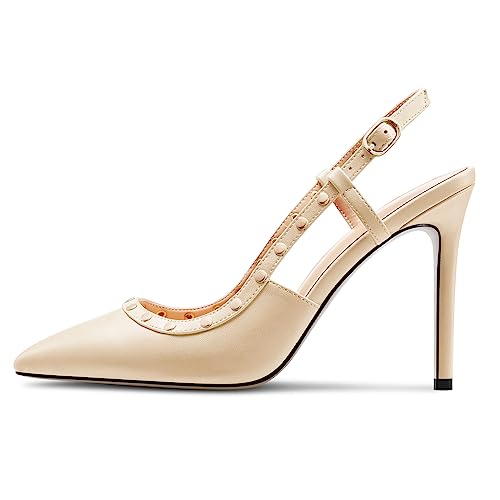 HDEUOLM Womens Stiletto High Heel Pointed Toe Sandals Slingback Slip-on Pumps Buckle Studded Rivets Party Dress Summer 3.9 Inches Shoes2