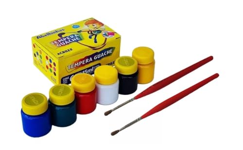 Kit Tinta Guache Tempera 6 Cores Pote De 15 Ml Mais Dois Pincel