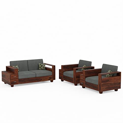 Image of Solid Sheesham Wood Sofa Set 4 Seater, Wooden Sofa Set, Sofa Set 2+1+1, Sofa Sets for Living Room, Four Seater Sofa Set with Attached End Table, 6 Drawer Storage, Rosewood, Honey Finish