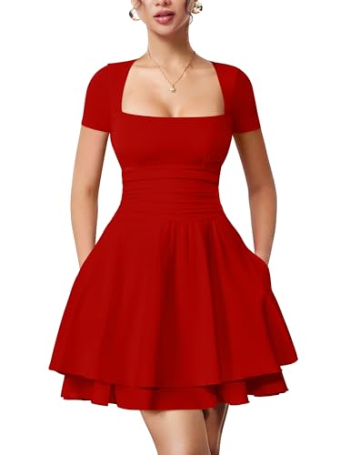 YMDUCH Women's Casual Square Neck Mini Sleeve Short Party Dress Red
