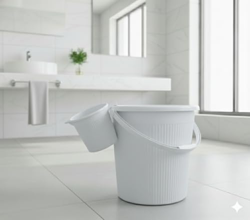 MODWARE Plastic Bucket Set with Mug, 25L Bucket with 1.5L Mug, Polypropylene, Round Shape, (White, 25 L)