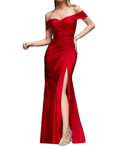 Robe de soirée sirène fendue épaules dénudées en satin noir satiné confortable