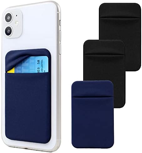 3Pack Cell Phone Card Holder Pocket for Back of Phone,Stretchy Lycra Stick on Wallet Credit Card ID Case Pouch Sleeve Self Adhesive Sticker with Flap for iPhone Samsung Galaxy-2Black+1Navy Blue