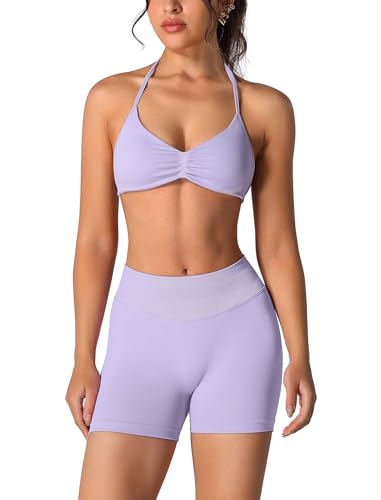 Image of ABOCIW Womens Seamless Workout Sets 2 Piece Strappy Halter Sports Bra Scrunch Butt Shorts Gym Yoga Outfits