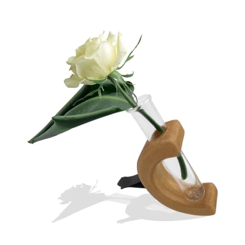 Image of Car Vent Flower Vase Clip Holder, Wooden Car Vase Vent Clip Glass Tube for Fresh Plants, Auto Interior Wooden Ornament Decorations Accessories, Air Vent Flower Pot Ornament for Car (Mahogany)