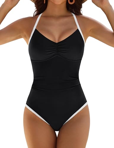 BMJL Tummy Control Swimsuits for Women Bust Support One Piece Bathing Suit Slimming Swimming Suits（L,Black）