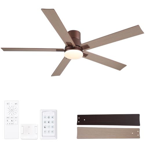 Image of Rayqueen 60 Inch Brown Flush Mount Ceiling Fans with Lights and Remote