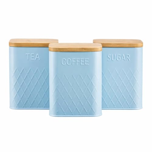 Cooks Professional 3-Piece Tea, Coffee & Sugar Square Canister Set with Bamboo Lids | Diamond Pattern Stainless Steel Kitchen Storage Bins Airtight Containers | Blue
