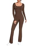 ECUPPER Women Long Sleeve Flared Yoga Jumpsuit U-Neck Gym Unitard Full Length Bodysuit One Piece Backless Romper with Pockets Coffee S