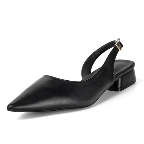 1 Inch Low Chunky Block Slingback Heels for Women Closed Pointed Toe Ankle Strap Pumps Womens Wedding Party Black Beige Sliver Dress Sling Back Shoes