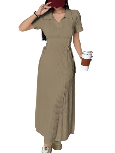 Image of Shasmi Women's Solid Color Applique Lace-Up Collared Short Sleeve, Side-Tie Waist Long Casual Maxi Women Dress Outfit Long Evening Midi Western Party Dress for Women (Dress 211)