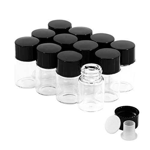 Cadbibe Lot de 12 flacons en verre transparent de 2 ml avec bouchon à vis et bouchons en plastique, petites bouteilles en verre anti-fuite pour liquide, poudre,...