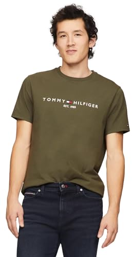Tommy Hilfiger Men's Regular Fit Tommy Logo Embroidered Crew Neck T-Shirt, ArmyGreen, S