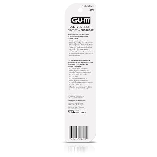 GUM Escova para dentadura – Escova de dentes de cerdas duras de cabeça dupla para dentaduras e reten