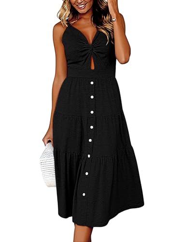 Image of Angashion Women's Dresses-Summer Floral Bohemian Spaghetti Strap Button Down Swing Midi Dress