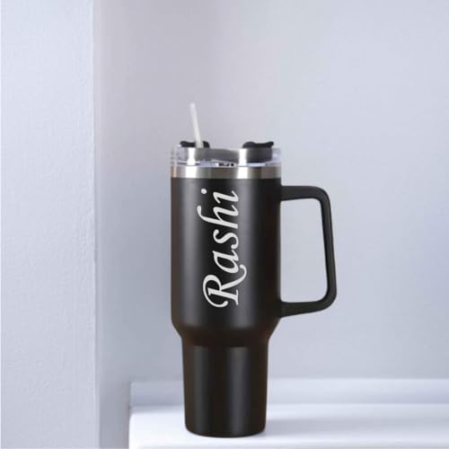 Image of ncgifts Personalized Tumbler Sipper Mug with Handle & Straw Lid | Custom Name & Logo Travel Coffee Mug | Vacuum Insulated 1200ml Stainless Steel Cup for Office, Gym, Travel & Gifting | Black