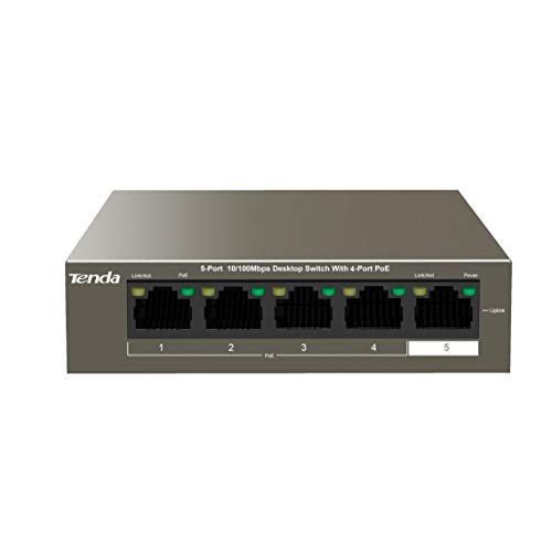 Image of Tenda TEF1105P, 5 Port Fast Ethernet PoE Switch with 4 PoE+ Ports @58W, Unmanaged PoE Powered Switch, Plug & Play, Desktop & Wall-Mount, Fanless & Sturdy Metal, Limited Lifetime Protection
