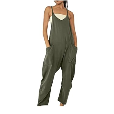 AMAZON - MFNDVD Rompers for Women Summer Sexy Jumpsuits for Women Summer Dressy Solid Color Casual Overalls Spaghetti Strap Baggy Romper with Pockets Green 2xl