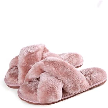 Leixinsenfa Cross Band Fluffy Fuzzy Slippers Open Toe Soft Plush House Slippers Indoor Outdoor Bedroom Cozy Slippers for Women Warm Slides Shoes Pink 7-8 | Image 1