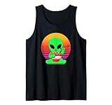 retro tramonto carino alien mascotte mangiare giapponese ramen noodle canotta