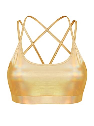 Yeahdor Women's Metallic Support Sports Bra Top Criss Cross Back Workout Yoga Bra Athletic Tee Crop Top Gold X-Large #TOP3