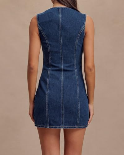 Women's Denim Mini Dress Sleeveless Crewneck Button Up Bodycon Stretchy Casual Jean Tank Dresses4