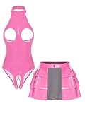 Sxiwei Dame Wetlook Body con Faldone Pelle Lucida Faldone Aperti Plissé Set Outfit Gogo Club Rosa S