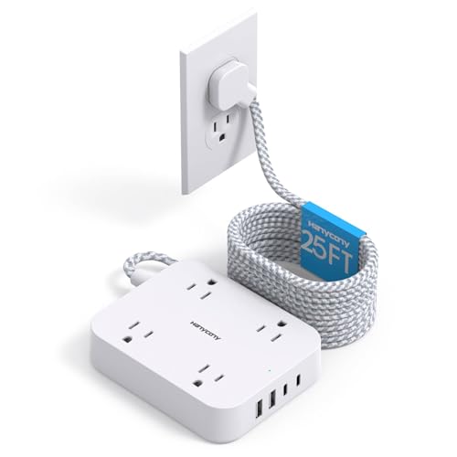 25 Ft Extension Cord, HANYCONY Ultra Thin Flat Plug Power Strip with 4 Outlets 4 USB Ports (2 USB C), Wall Mount, Desk Charging Station for Office, School, Travel and Dorm Room Essentials, ETL Listed