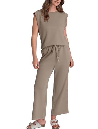 Image of SAMPEEL Two Piece Sets for Women Casual Travel Vacation Outfits Summer Wide Leg Crop Pants Lounge Sets