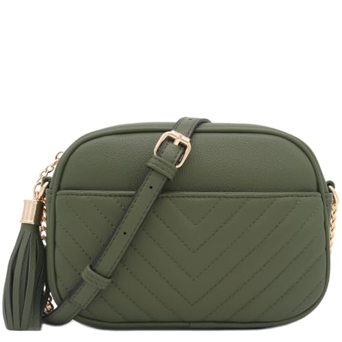 Image of FashionPuzzle Chevron Quilted Crossbody Camera Bag with Chain Strap and Tassel