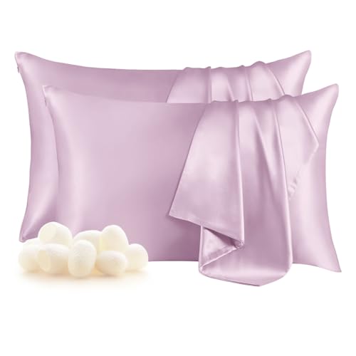 Image of THXSILK Set of 2 100% Mulberry Silk Pillowcase for Hair and Skin, Grade 6A+ Mulberry Silk Pillow Cases Ultra-Soft, Hypoallergenic Pillow Case Cover with Zipper (Queen 20 inchx30 inch, Light Purple)
