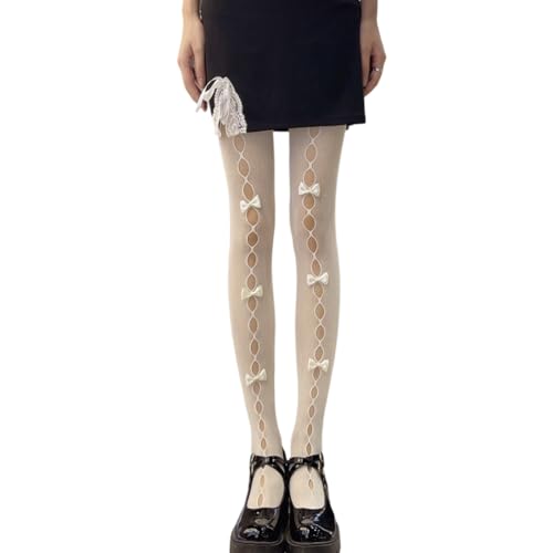BEAMARKER Medias de Red para Mujer con Lazo, Blancas, de Cintura Alta, de Malla, Caladas, Elegantes Y Bonitas, para Disfraz de Cosplay, Faldas, Pantalones Cortos Y Fiestas.