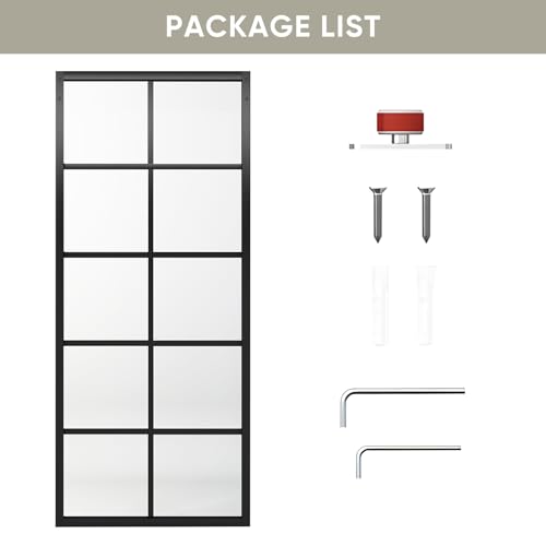 Image of Jubest DIY Glass Sliding Closet Kitchen Door, 36in x 84in Modern French 5-Lite Clear Tempered Glass Aluminum Frame, Easy Assembly