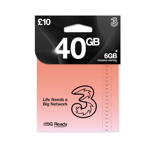 THREE 4G/5G SIM Card UK & ROAM FREE in over 70 destinations - PREPAID PAYG 10 Bundle - 20GB + (20GB FREE DATA) Unltd Texts & Mins - ROAMING ALLOWANCE 6GB