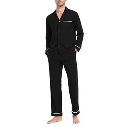 COLORFULLEAF Men's Pajamas Set Button Down Long Sleeve Sleepwear with Pockets(Black L)