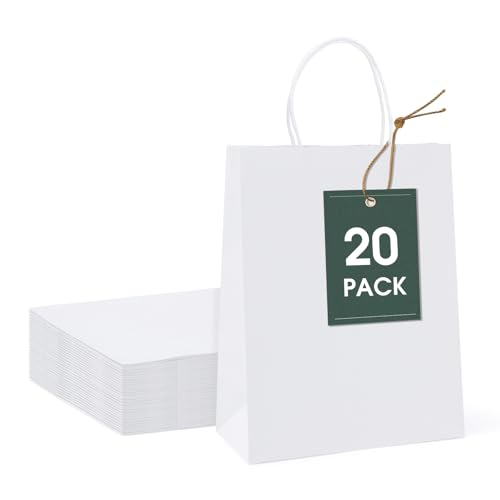 GSSUSA White Paper Bags 8X4.25X10.5 20Pcs Gift Paper Bag with Handles Bulk Graduation Gift Sturdy Kraft Paper Retail Shopping Bags Party Favor Christmas