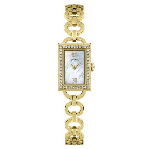 Rotary Ladies Cocktail Stone Set Rectangular Stone Set Gold Plated Stainless Steel Bracelet Watch